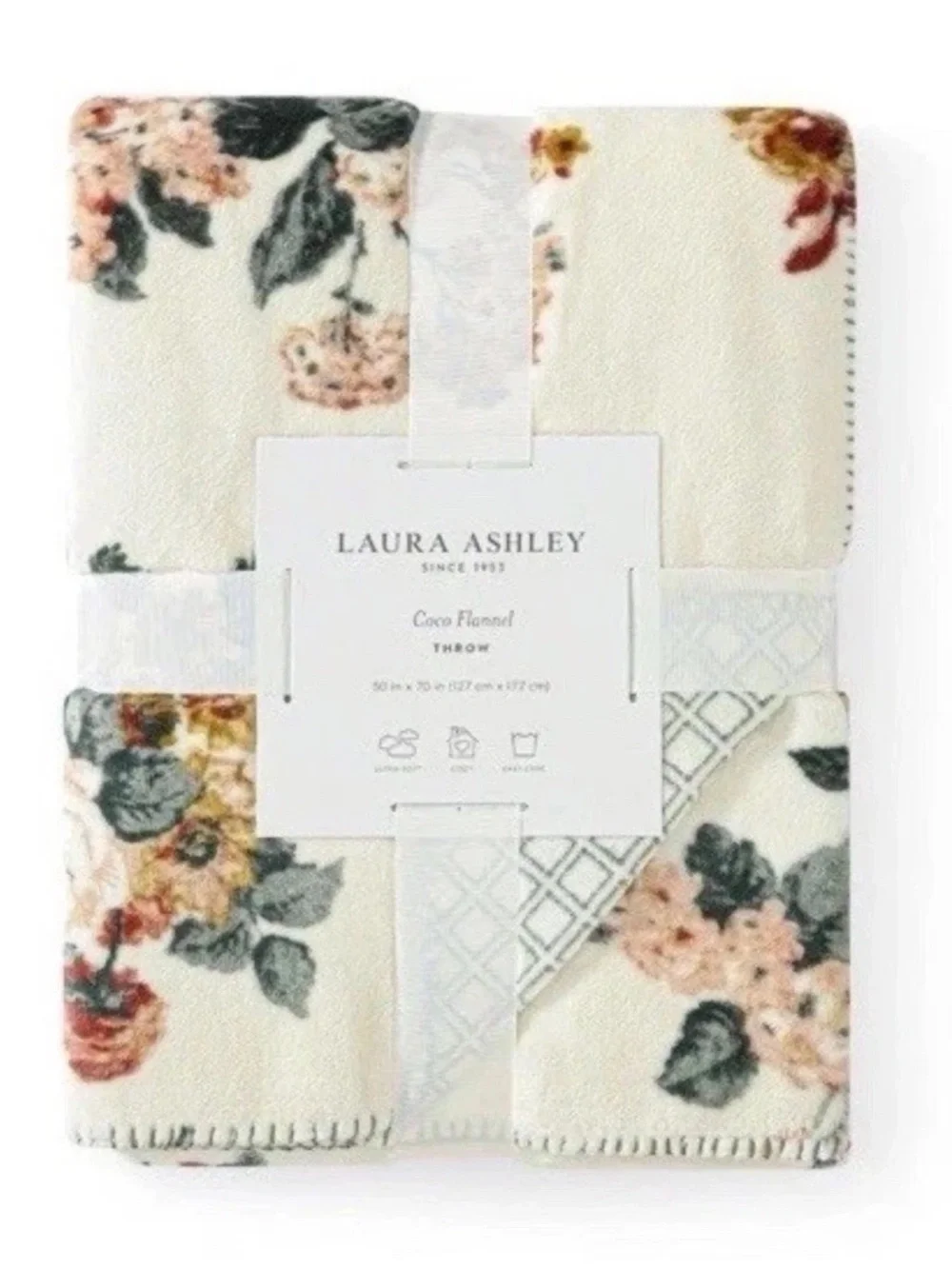 Laura Ashley ~ Rosemore Tan Floral Reversible Coco Flannel Throw Blanket 50 X 70